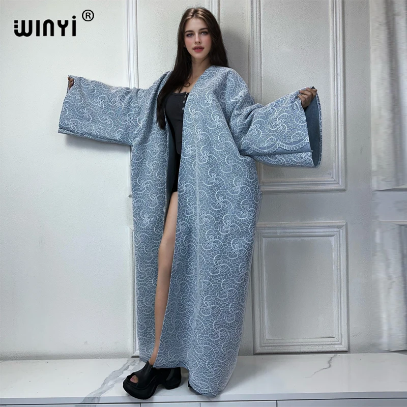 WINYI Lace composite denim cardigan Women long down coat Loose Dress elegant Party maxi Holiday Swimming Cover Up fashion Kimono