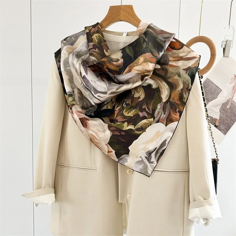 

90CM Silk Scarf Hand Rolled Twill Shawls Luxury Mulberry Silk Scarves Hair Neck Bandannas Neck Head Accessories