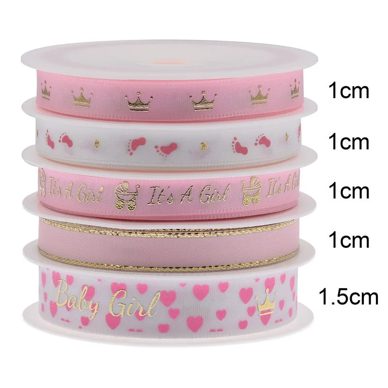 1/1.5cm Satin ribbon Pink baby Girl ribbons cute Tiara it\'s a Girl Metal gold print baby shower first birthday DIY Party favor