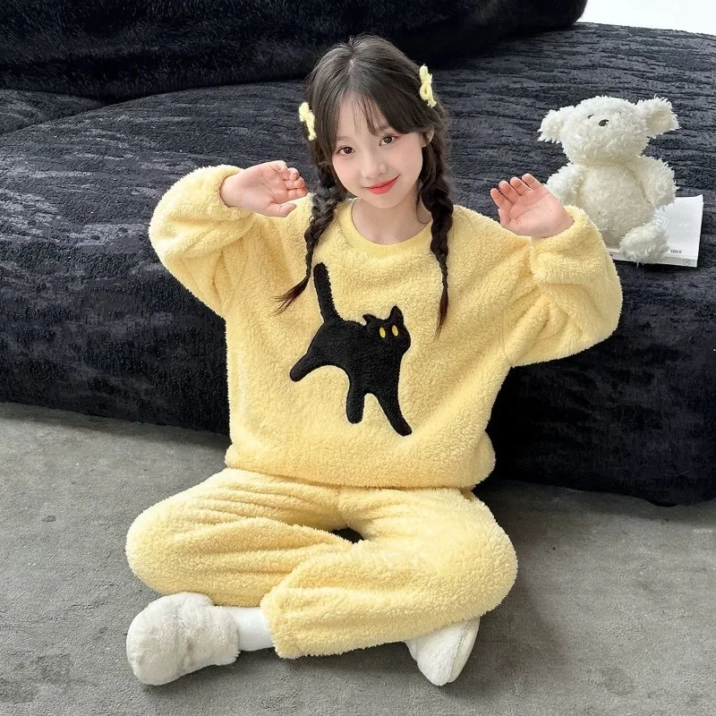 

New Girls' Flannel Coral Fleece Pajama Sets Thermal Winter Wear for Big Kids Plus Size Cozy Home Wear