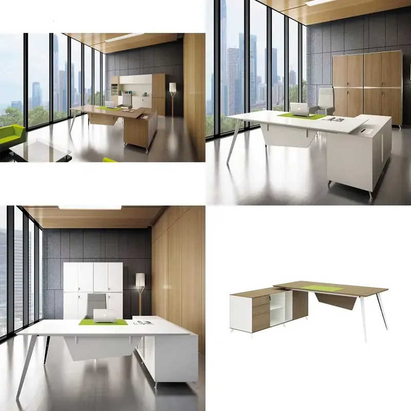 Elegant Design and Durable Steel Frame Executive Director Manager Office I Shaped Computer Desk with Bookshelf