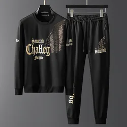 2023 Black Mens Two Piece Sets Letter Gilding Rhinestones Fashion Pattern Winter Tracksuits for Men Clothing Ropa Para Hombre