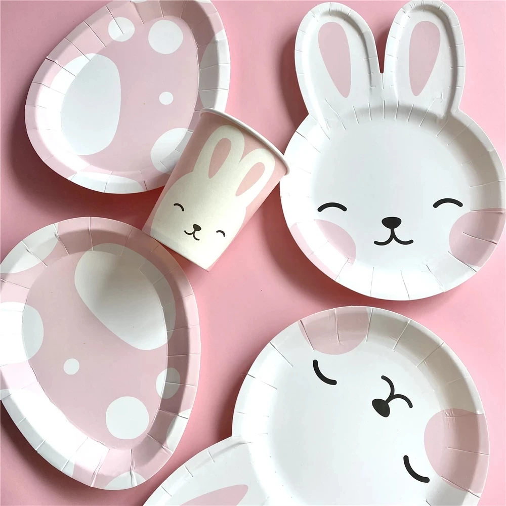 Happy Birthday Decoration Rabbit Bunny Egg Shape Cup Plate Easter Party Decor Disposable Tableware Party Favor