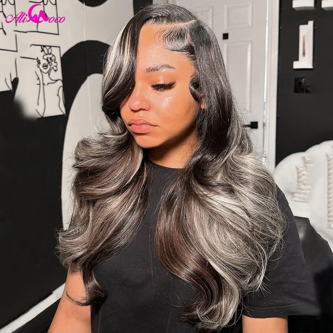 تسليط الضوء على الرماد شقراء والأسود الجسم موجة شعر مستعار شعر الإنسان 13X4 13x6 الجسم موجة الدانتيل أمامي خصلات الشعر المستعار الإنسان قبل قطعها 180 الكثافة