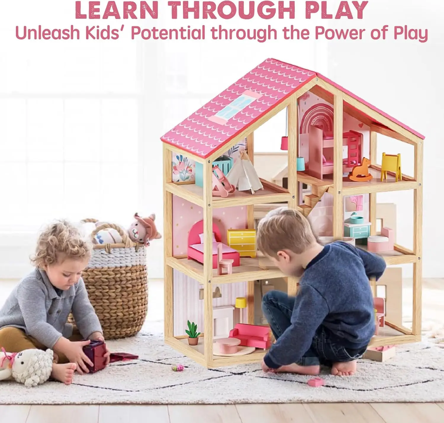 Casa de muñecas de madera para niñas - Casa de muñecas de madera de 6 habitaciones, casa de muñecas de simulación DIY con accesorios de muebles de 30 piezas, regalo creativo f