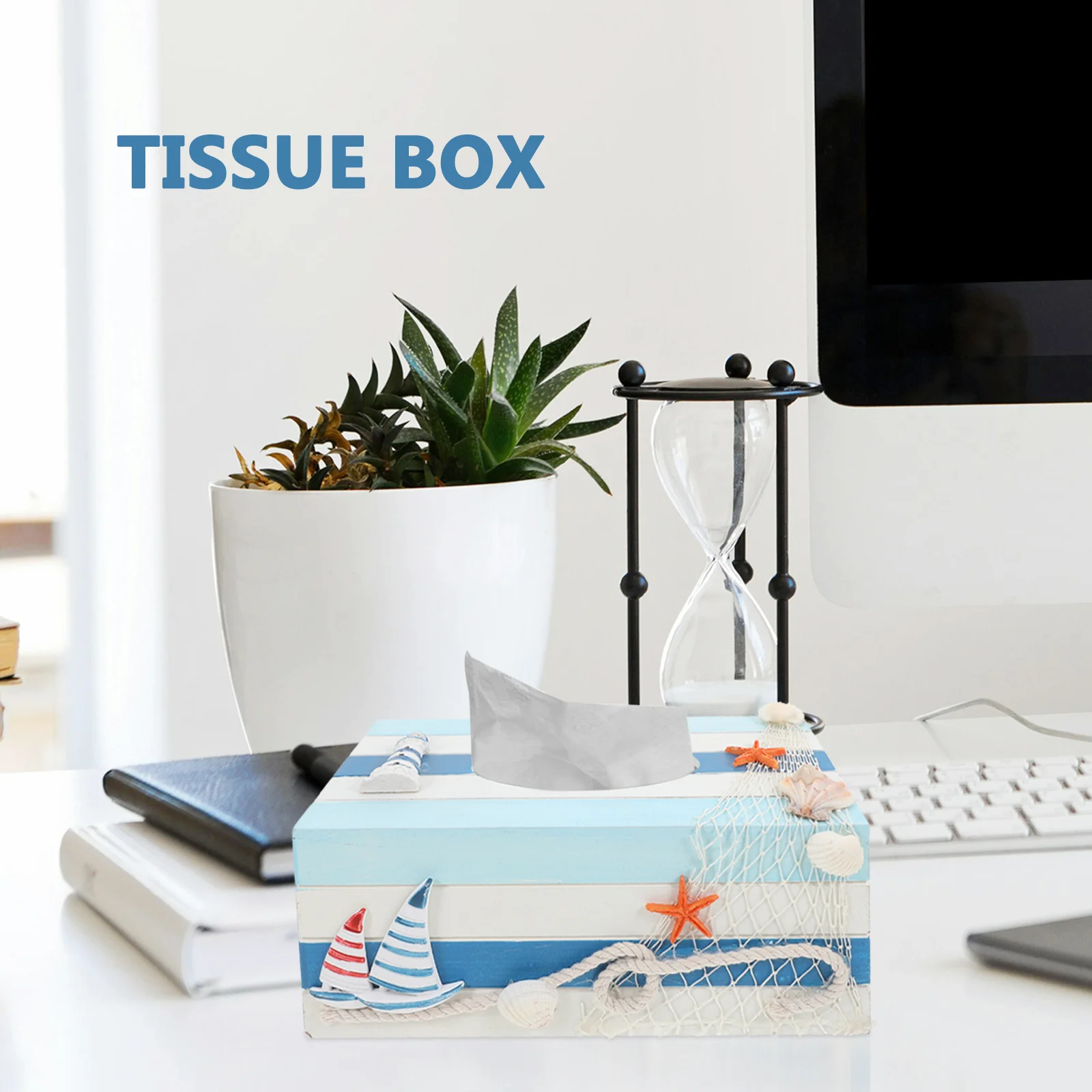 

1Pcs Mediterranean Decorative Wooden Tissue Box Storage Holder for Home Office Bedroom Blue Sailboat Design