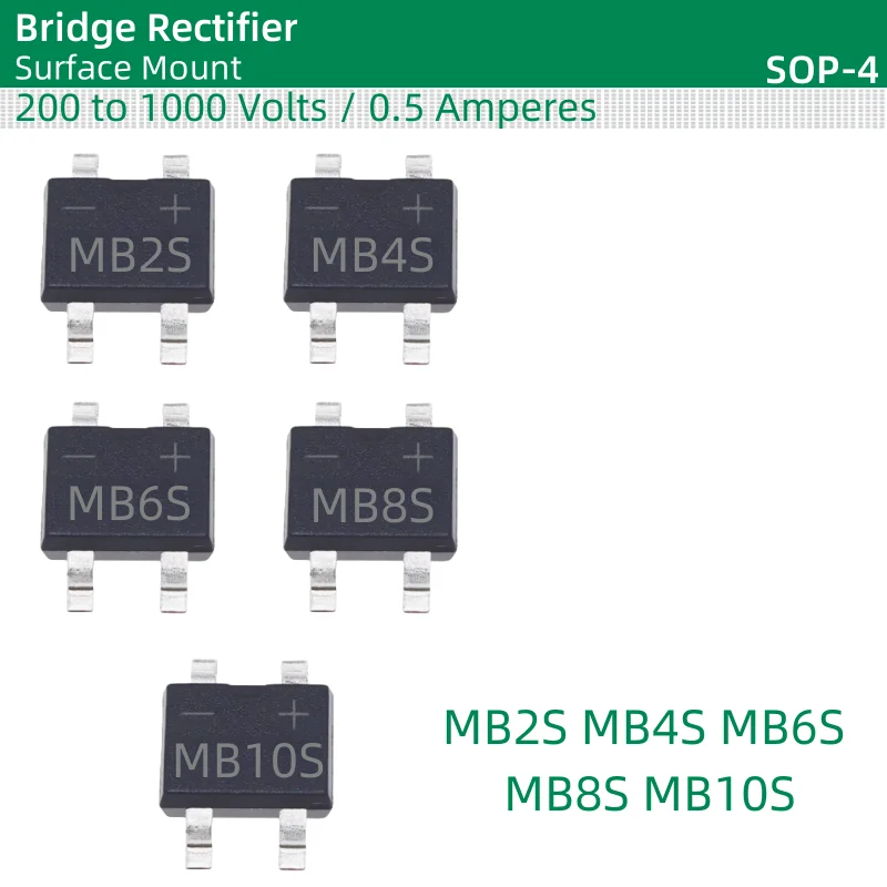 50pcs/lot Bridge Rectifier SOP-4 package MB2S MB4S MB6S MB8S MB10S 200 to 1000 Volts 0.5 Amperes