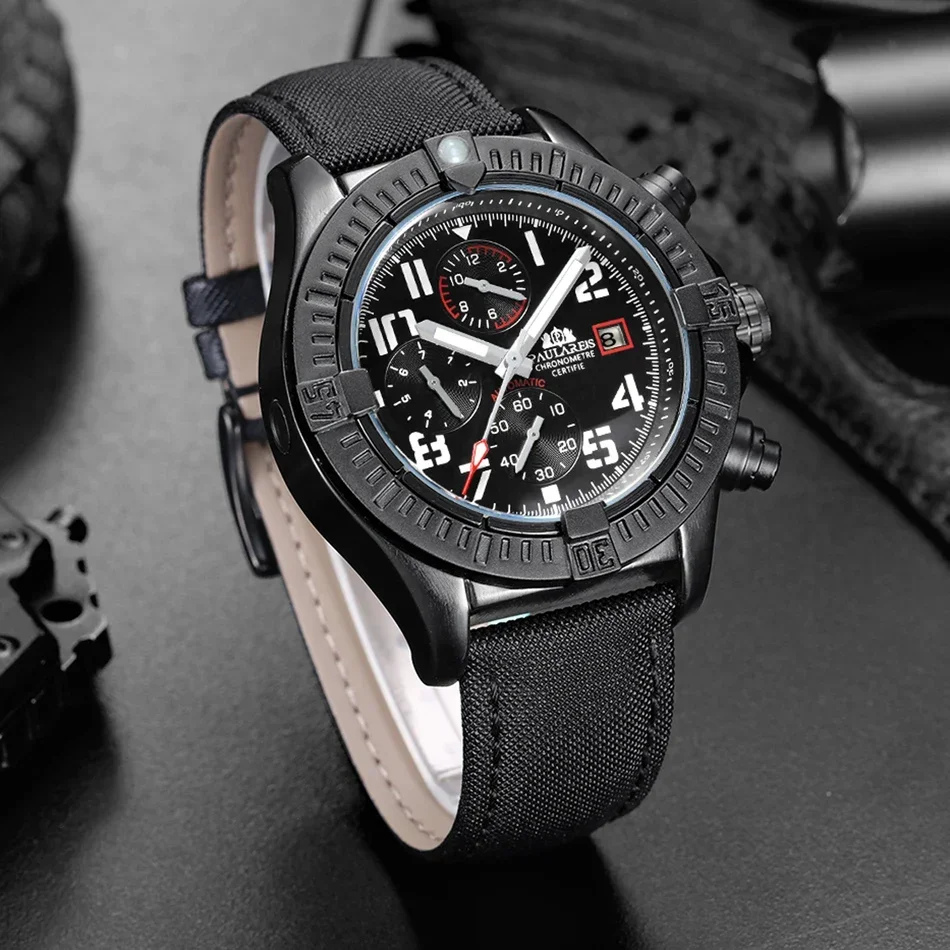 ساعات أوتوماتيكية للرجال ميكانيكية ذاتية الرياح من القماش الأصلي باللون الأسود والأزرق متعددة الوظائف مضيئة Reloj Hombre Baratos