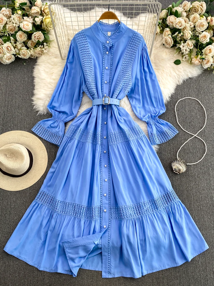 OCEANLOVE Spring Autumn Lace Long Dresses Solid Flare Sleeve Elegant Vintage Vestidos Largos Fashion Single Breasted Women Dress