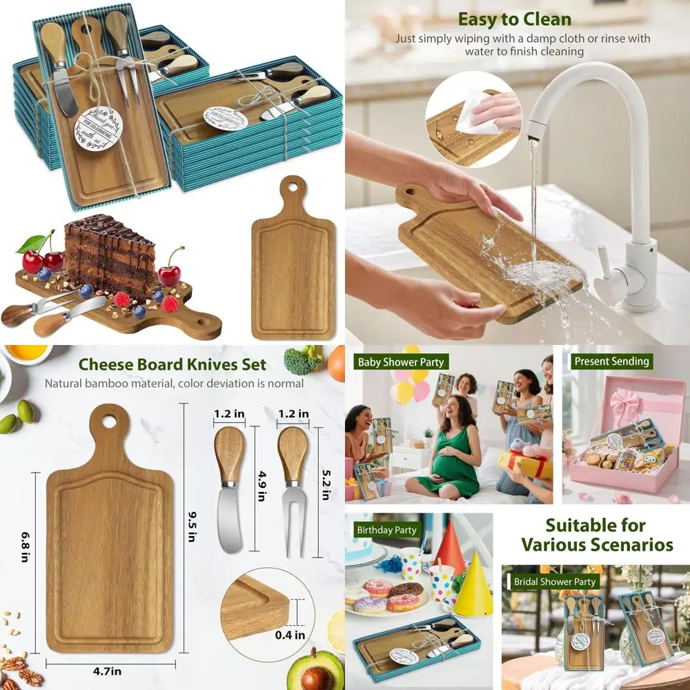 

12-Piece Acacia Cheese Boards with Cutlery for Baby Bridal Shower, Party Favors