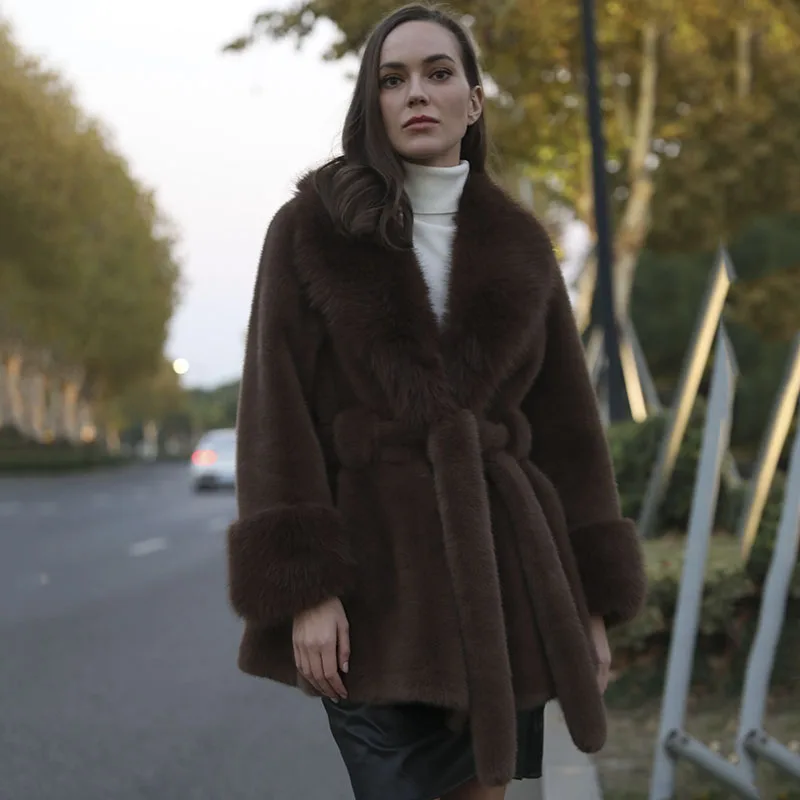 Winter Vintage Brown Fluffy Faux Mink Fur Coat With Belt Elegant Luxury Chic Thick Warm Soft Women Jacket Furry Overcoat