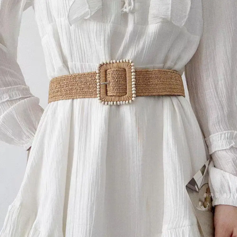 

Bohemian Style Waistband Women Premium Sense Elastic Waist Individual Alloy Counterbuckle Waist Straw Beige Fine Belt For Women