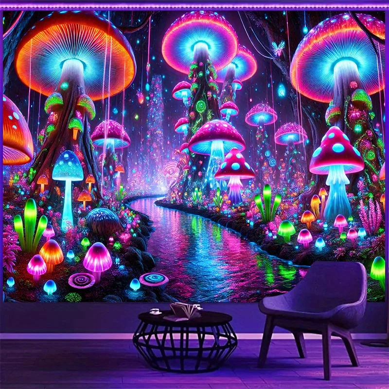 VIKAMA Neon Glow Mushroom Forest Tapestry Dreamy Bedroom Bohemian Style Living Room Wall Hanging Room Decor