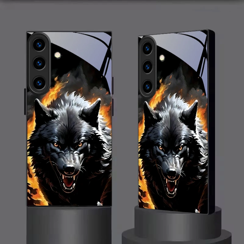 Fierce Fire‑Breaker Wolf Black Glass Phone Case For Samsung Galaxy S26 Ultra S25 Edge S24 FE S23 Plus S22 S21 S20 S22 25 Cover