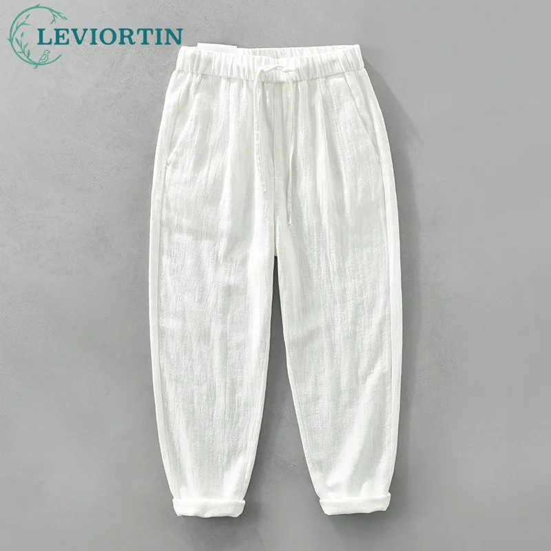 

Mens Fashion Cotton Linen White Pants Loose Fit Casual Comf Lightweight Elastic Waist Summer Breathable Beach Pants