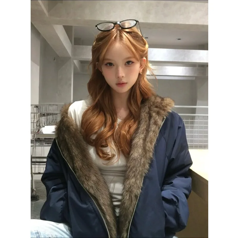 

YYAHAHAS Retro Fur Cotton Coat Women's Winter New Item Double-sided Fur Collar Hooded Warm Parkas Female Clothing