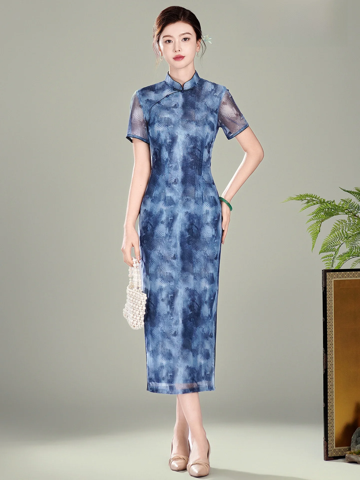 

Xiu Guan Tang Sui Xiang 2026 Summer Long Vintage Slimming High Slit Stage Show Daily Dress Floral Print Short Sleeve