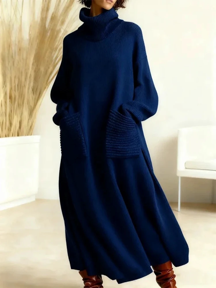 

Lady Solid Loose Pleat Pocket Maxi Dress Autumn Winter New High Waist Commute Dress Vintage Turtleneck Long Sleeve Knitted Dress
