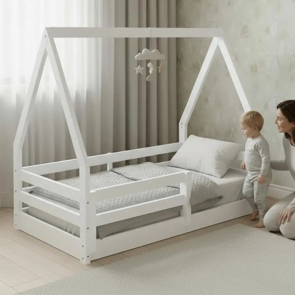 Montessori Toddler Solid Wood Floor Bed, White Painted House Frame
