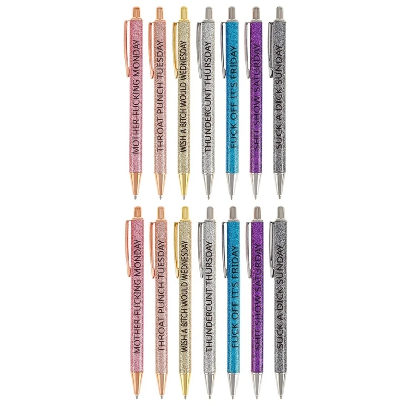 Top-2 Set/14 Pcs Funny Ballpoint Pens Novelty Daily Pen Set, Offensive Office Gifts, Weekday Vibes Glitter Pen Set