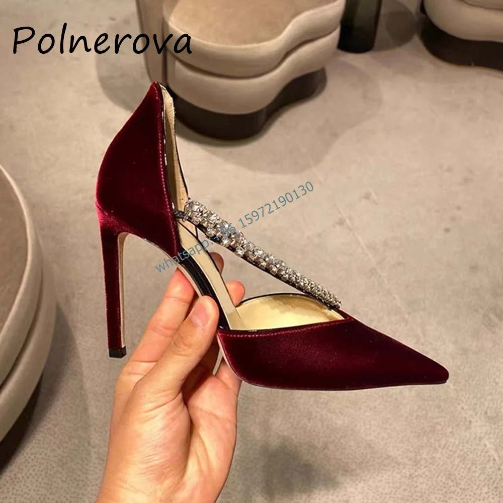 

Crystal Chain Sandals Solid Burgundy Pointy Toe Thin Heels Slip On Elegant Shoes Ladies Sexy Party Shoes Summer Classical