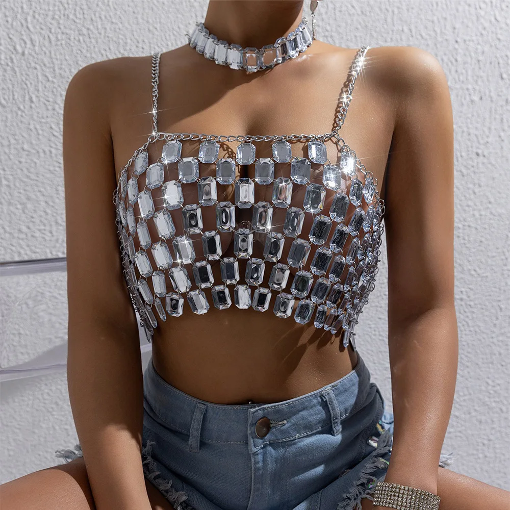 Sexy Hollow-out Gem Chic Women's Lingerie Body Chain Top Square Crystal Shiny Chest Bra Bikini Sling Vest Body Jewelry 2024 Gift