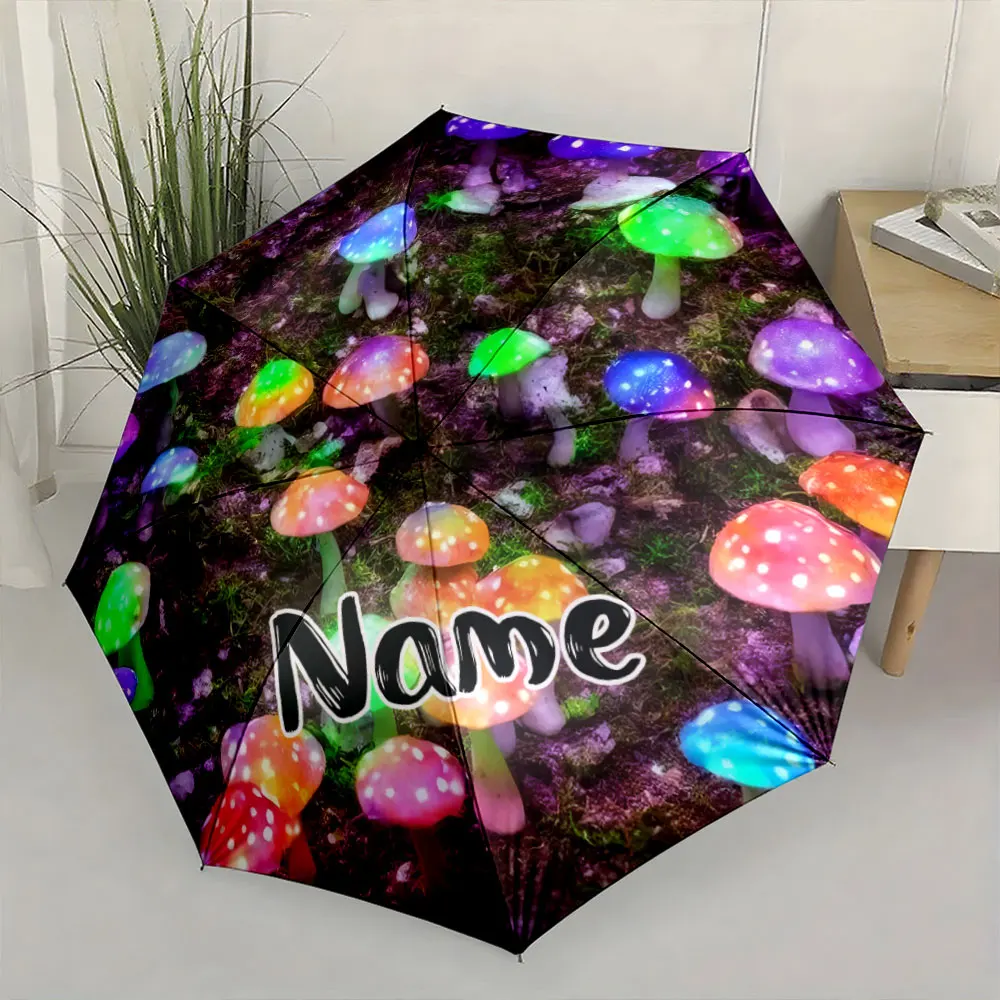 Custom Name Umbrella, Colorful Glowing Mushrooms Fantasy Design Printed Umbrella Folding Umbrella for Sunny and Rainy,Gift