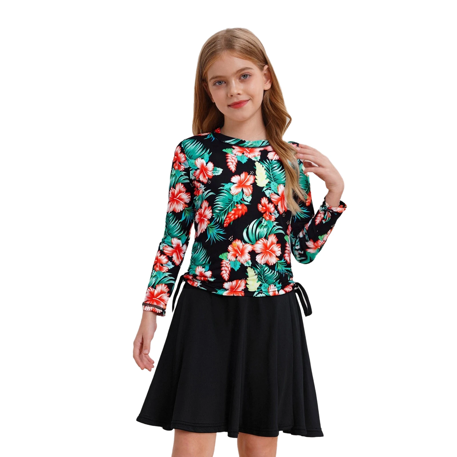 

Kids Girls Two Pieces Rash Guard Swimsuit Long Sleeves Drawstrings Swim Tops with Skirt Vibrant Print Beachwear Bathing Suits