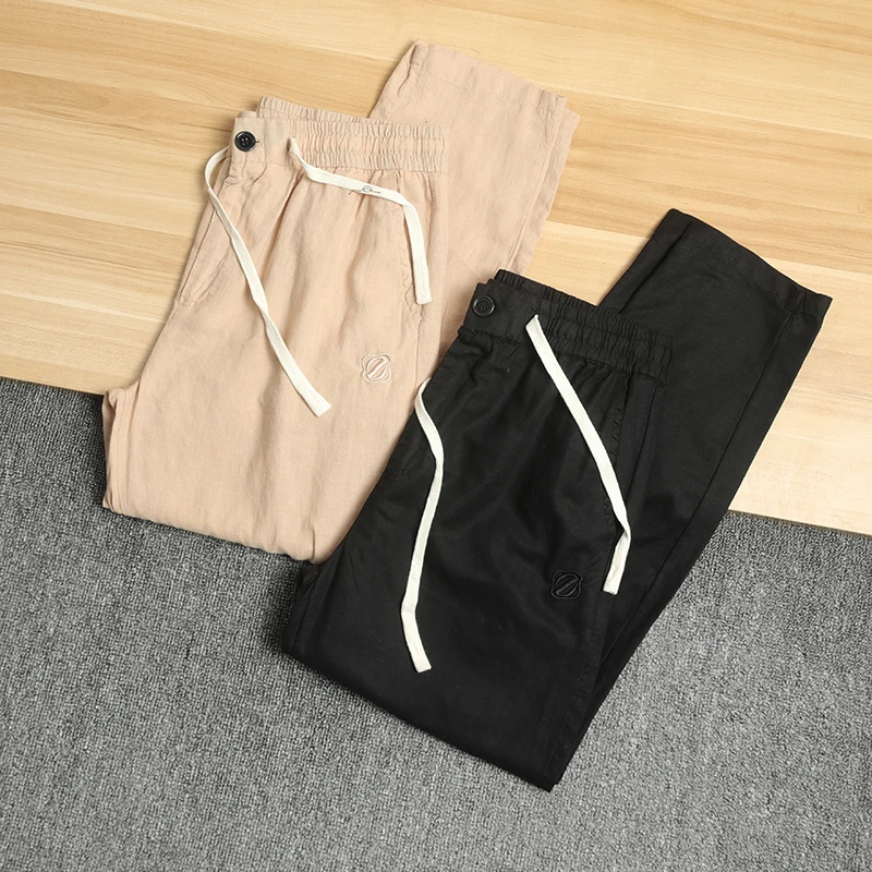 

Хлопковые и льняные повседневные брюки с Z-образной вышивкой и прямыми штанинами, мужские летние новые модные молодежные брюки