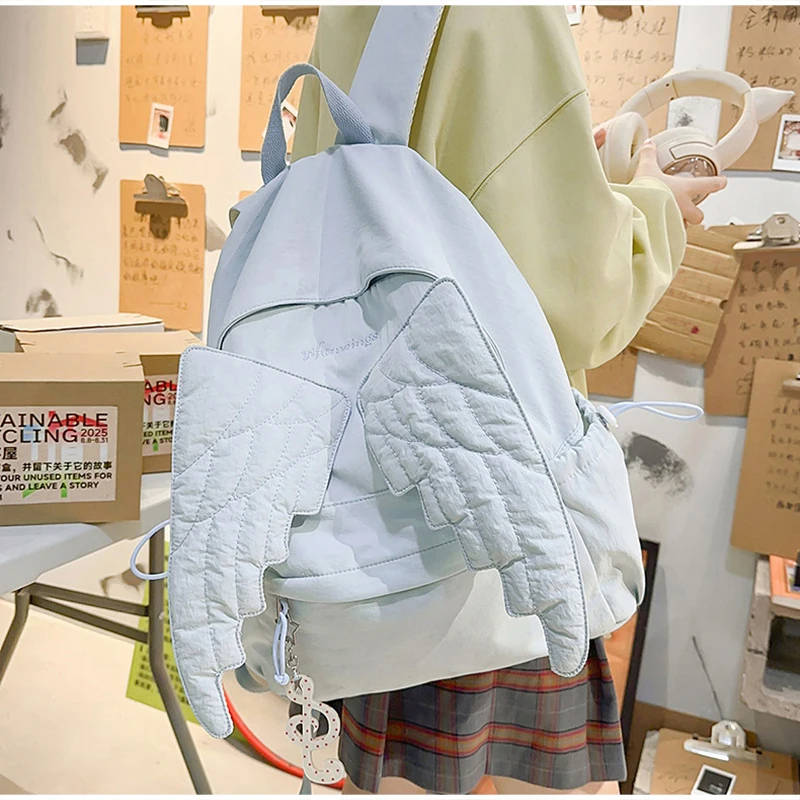 Stylish Angel Wing Backpack Sweet School Bag Simple Nylon Lightweight Maxi Travel Bag Korean Zipper Shoulder Bag Casual Tote Bag image 4