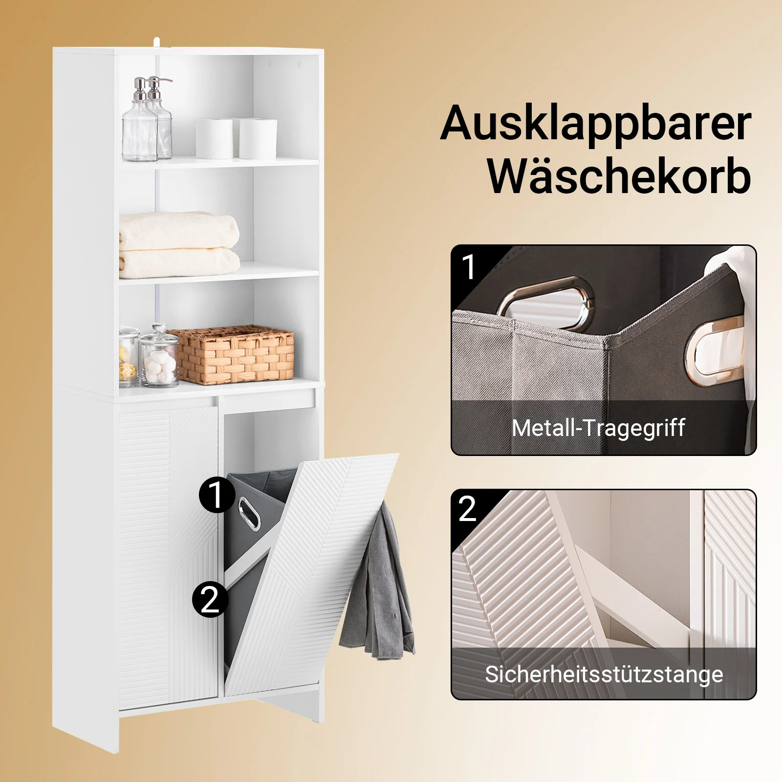 SoBuy BZR155-W Schmaler Badezimmerschrank mit Wäschekorb, Bad Hochschrank mit Türen & Regal für Badezimmer 60x30x171 – Detail 9