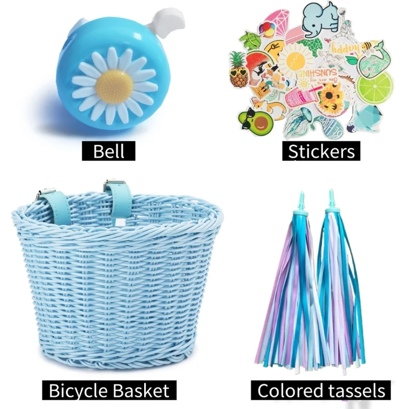 

Kids Bicycle Streamer Set, Bike Wire Mesh Basket with 2pcs Colorful Bike Streamers, Bell and Stickers,Bike Decoration