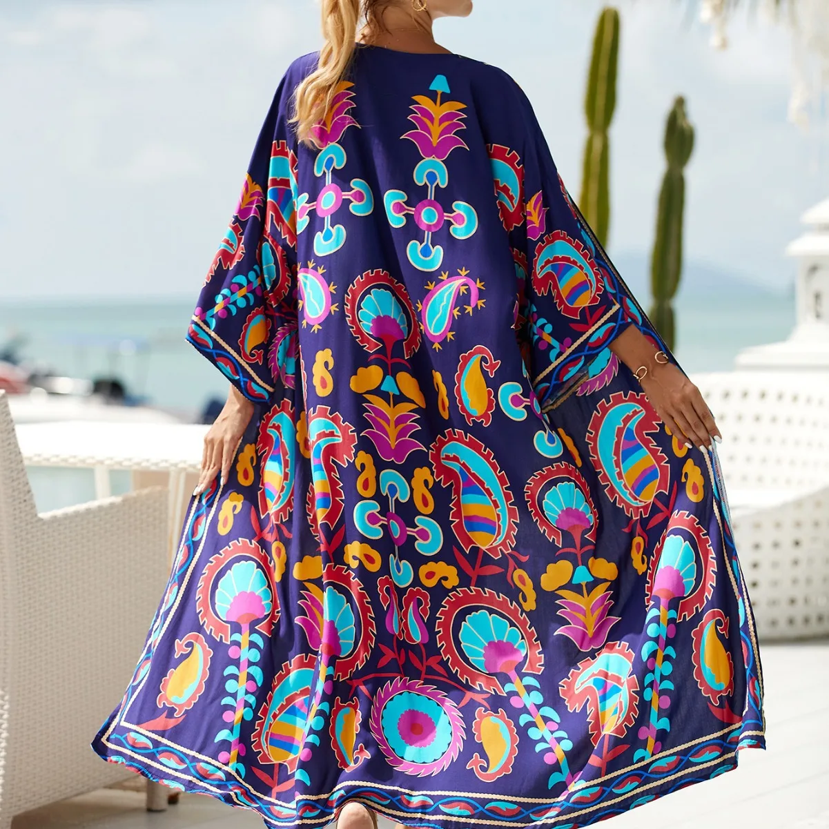 Print Beach Cover Up Cardigan Women Loose Long Open Front Swimsuit Coverup Summer Vacation Kaftan Sun Protection Kimono Cardigan