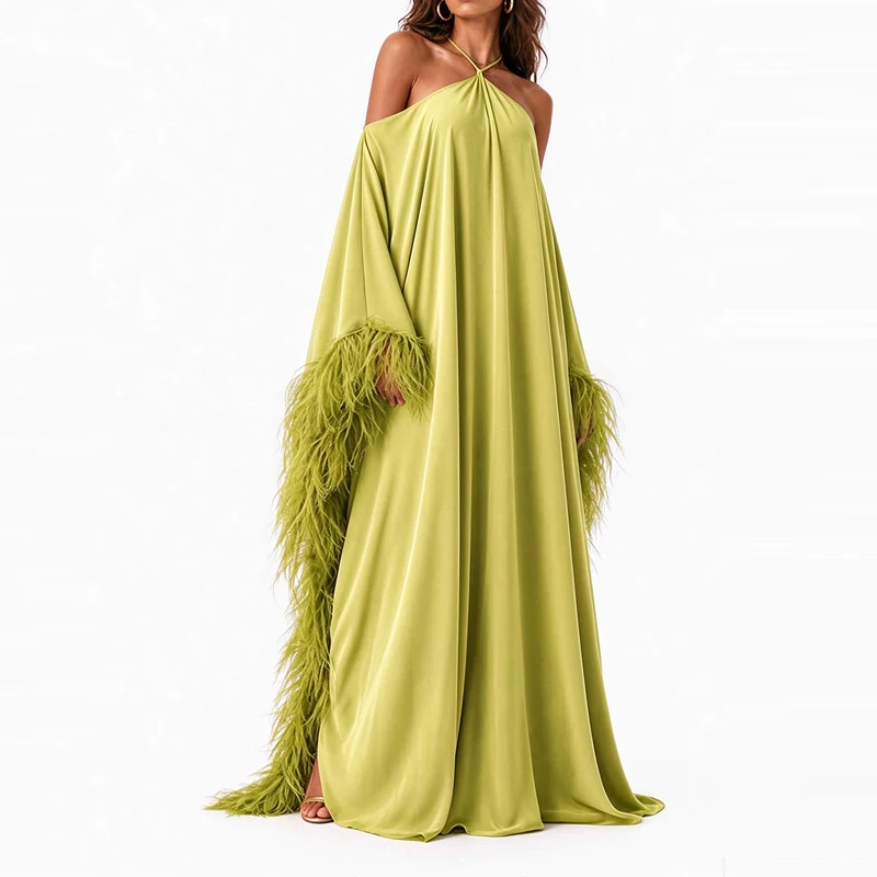 Casual Solid Backless Loose Dress Temperament Hang Neck Off Shoulder Banquet Evening Dress Chic Feather Splice Sleeveless Dress