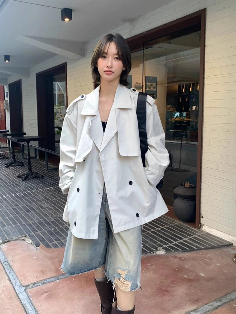 

Pure Color Double Breasted Flip Collar Casual Women's Coat Korean Sle Loose Fit ort Length Autumn New Arrival