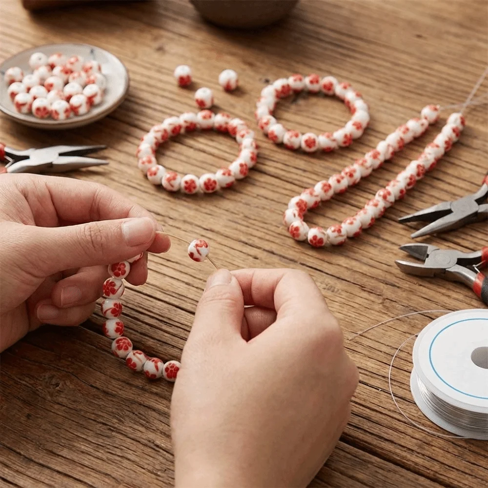 30pcs/set Creative DIY Ceramic Beads Flowers Printed Ancient Style Loose Beads Loose Form Round Jewelry Making