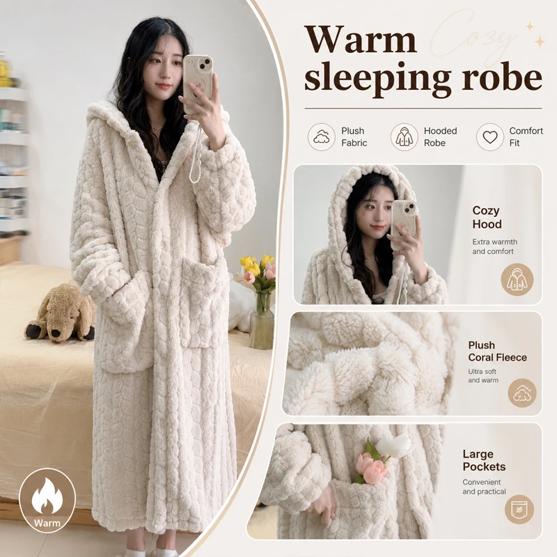 Women's Flannel Coral Fleece Long Hooded Nightgown Warm Plush Loungewear with Pockets Casual Home Sleepwear for Autumn Winter image 5