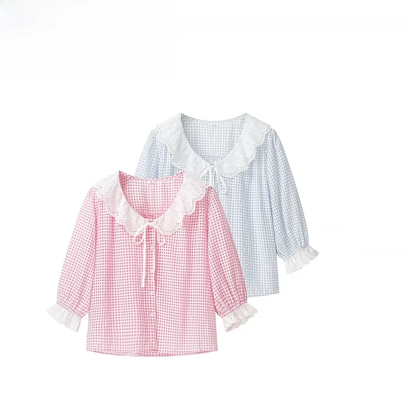 

ZBZA Spring New Women's Faion Design Doll Collar Embroidered irt Sweet Sle Loose Fit Seven Sve Polyester Fiber