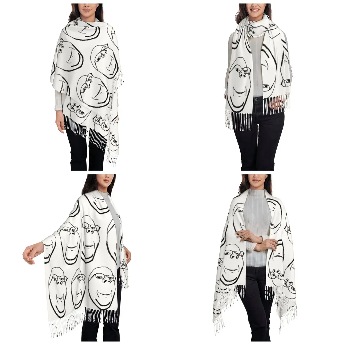 Smiling Wholesome Wojak Soyjak Scarf Tassel Scarves Women Soft Warm Shawls and Wraps Large Fall Winter Shawl Wrap