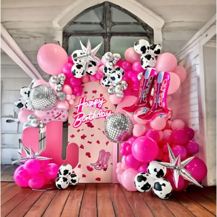 팜 카우걸 디스코 풍선 가랜드 아치 키트 120개+ 핫핑크와 실버 풍선, 카우걸 부츠, 디스코볼 스타 마일라 풍선