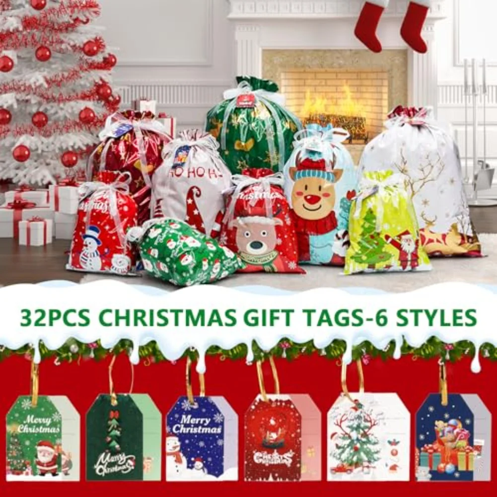 Red Drawstring Bag Set 30 Pieces with 32 Tags for Holiday Birthday and Party Wrapping Large Medium Small Sizes
