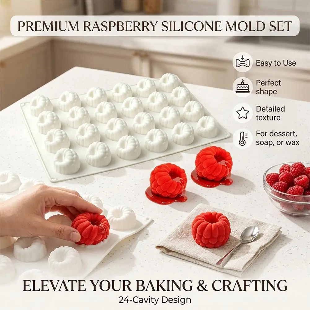 Small Raspberry Silicone Mold, 24-Cavity 3D Raspberry Molds for Mousse Cupcake Desserts, Fondant Chocolate Gum Decorating Tools view 4
