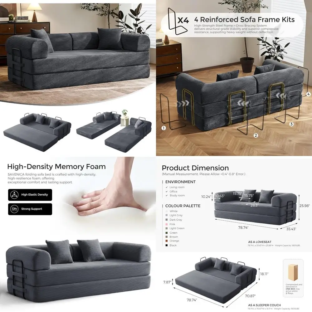 Convertible Sofa Bed with Fixed Frame and Removable Armrests, Modular Sleeper Couch, Corduroy Folding Mattress for Small Spaces