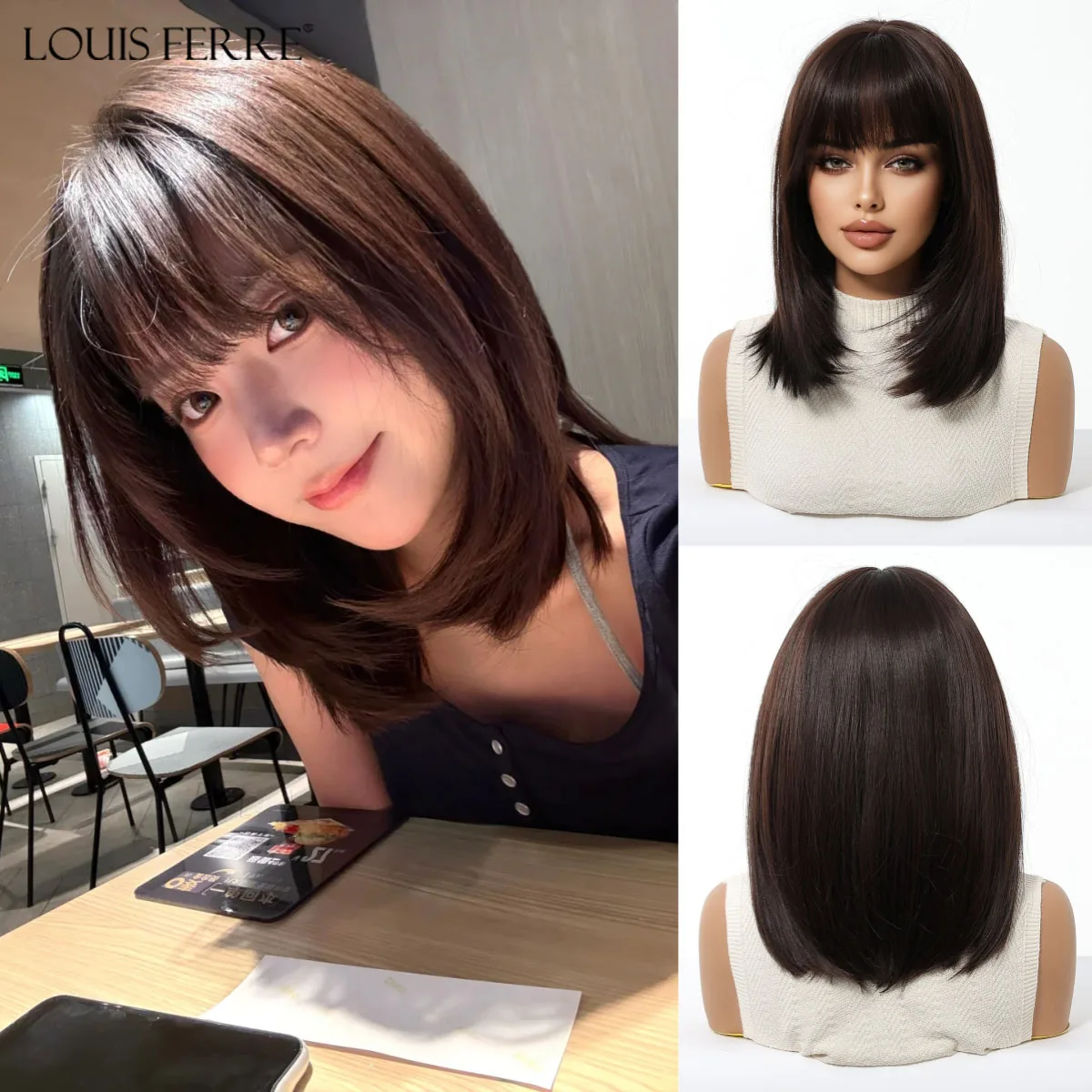 LOUIS FERRE Natural Brown Synthetic Wigs With Bangs For Women Daily Party Use Short Straight Layered Wigs Heat Resistant Fiber
