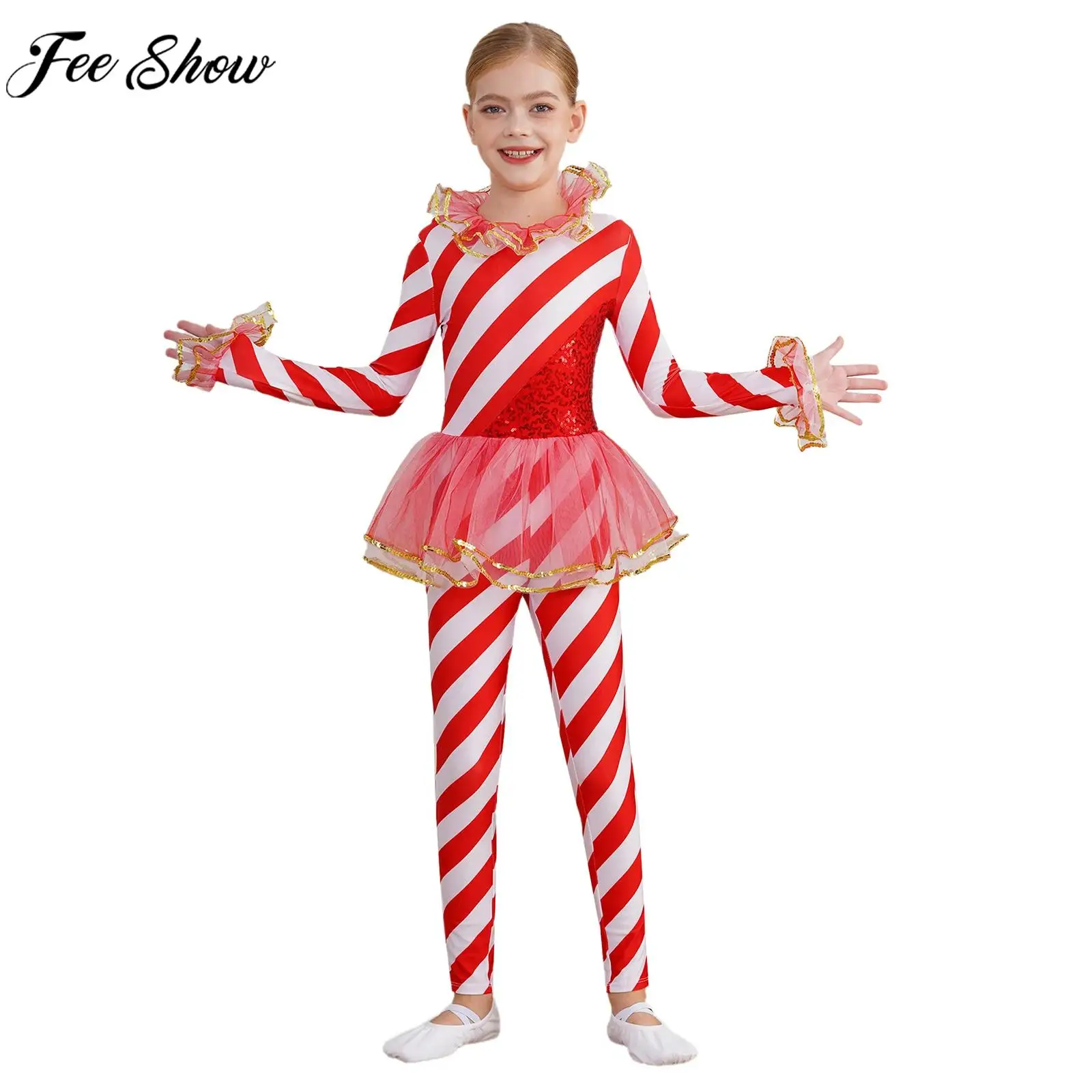 Girls Christmas Leotard Long Sleeve Sequin Mesh Striped Jumpsuit Ballet Gymnastics Bodysuit Xmas Party Circus Cosplay Costume