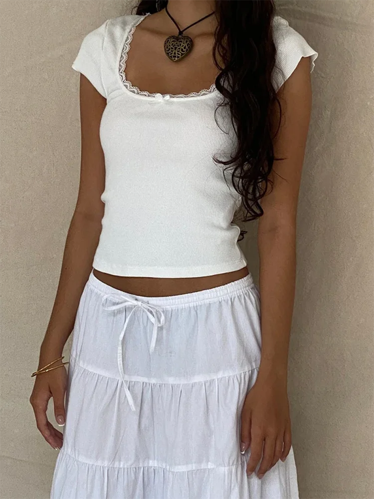 y2k Vintage Baby Tee Cottage Lace Trim Knitted T-Shirt Summer Square Neck Short Sleeve Tee Shirt Women White Milkmaid Crop Top image 5