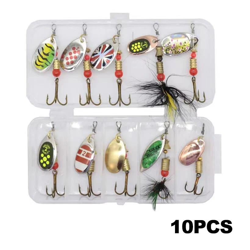 

10pcs Boxed Rotating Spoon Kit Spinner Fishing Lures Artificial Baits Metal Treble Fish Hooks Wobblers Bass Pesca Tackle