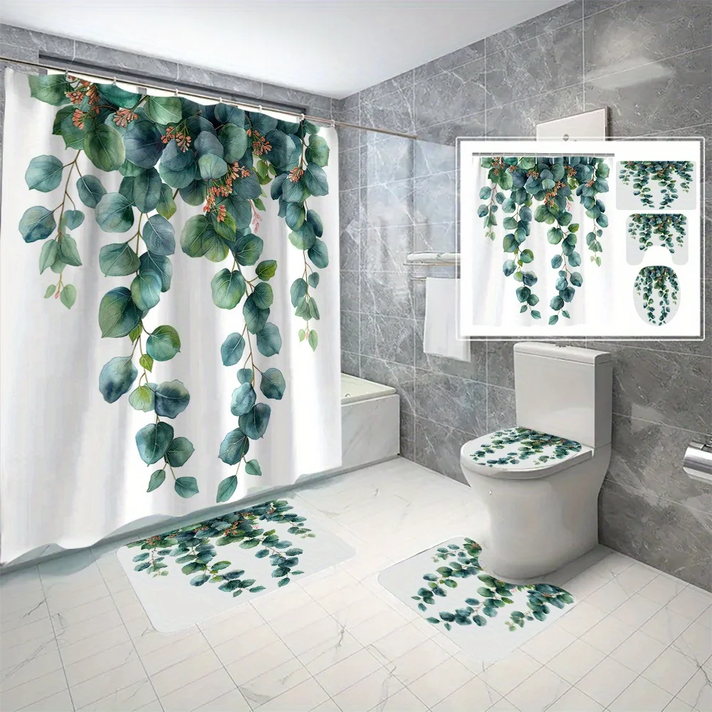 

4-piece green leaves and flowers digital print polyester waterproof bathroom set with hooks, waterproof, machine washable
