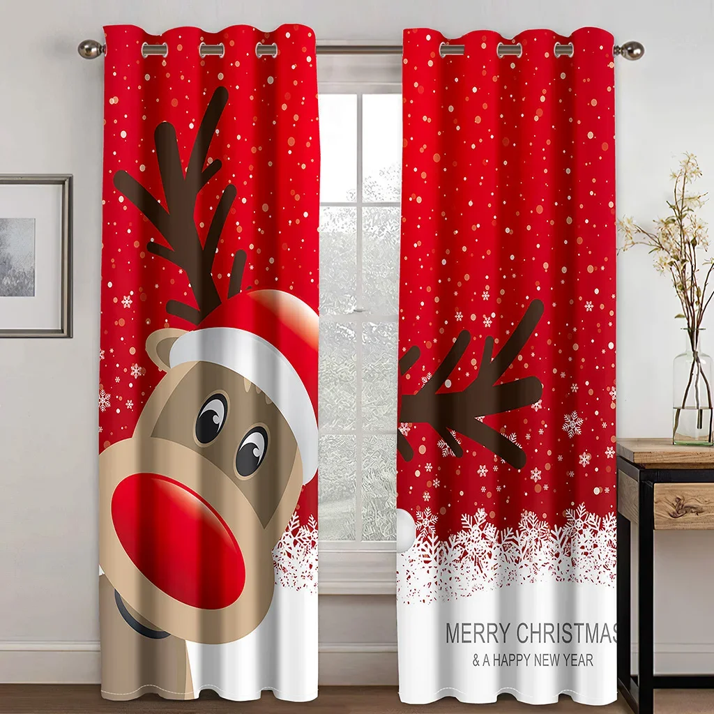 Merry Chrismas Red Santa Claus Funny Reindeer elk 2 Pieces Free Shipping Thin Window Curtain for Living Room Bedroom Drape Decor