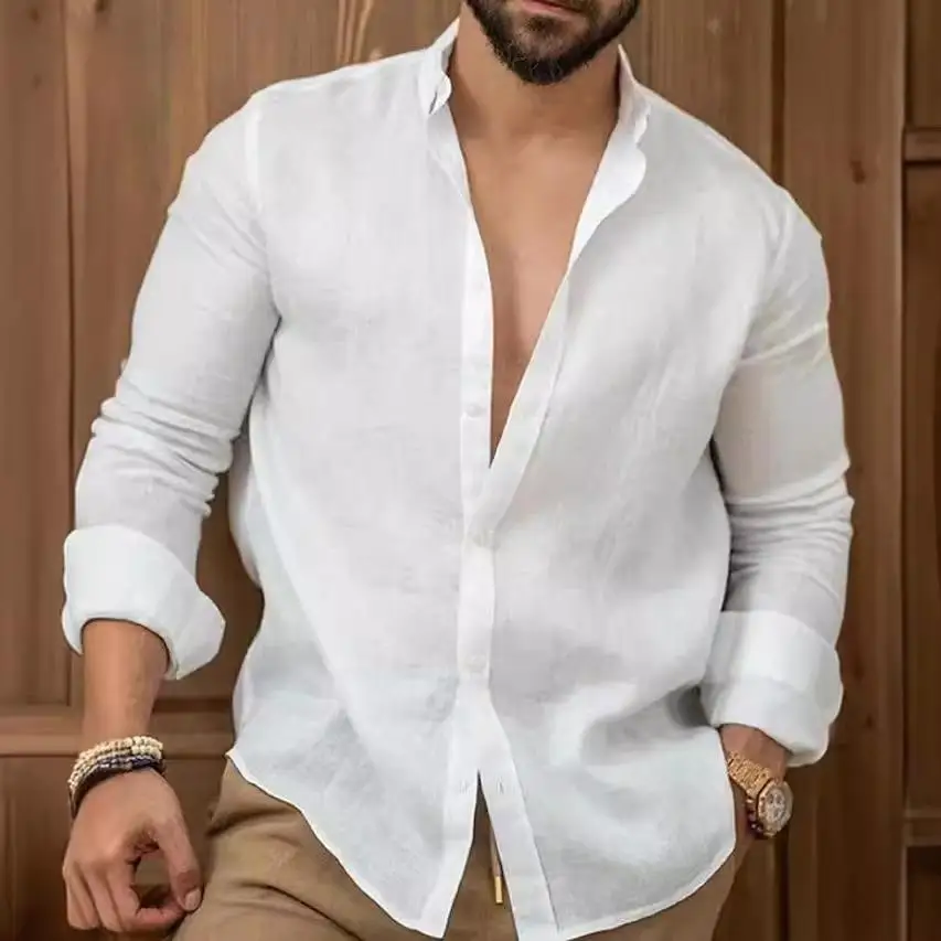 

Youth Cotton Linen Mens Shirt Long Sleeve Non-deformable Summer Casual Fashion Inner Wear Pure Color Splicing Process